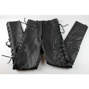 Hein Gericke Classic Gear Biker Black Leather Pants XS WOVEN Retro Straight Leg